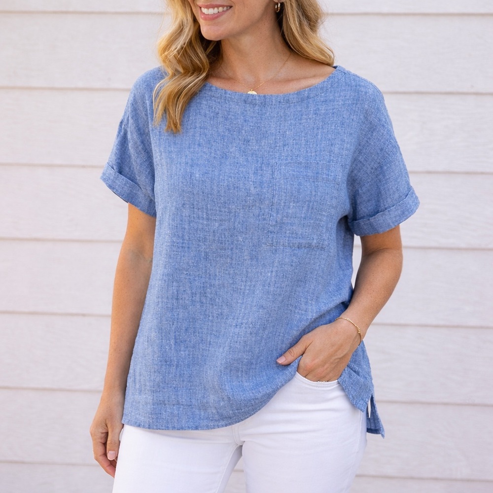 Eileen Fisher Blue Linen Blend Top | Size XS | Relaxed Fit
